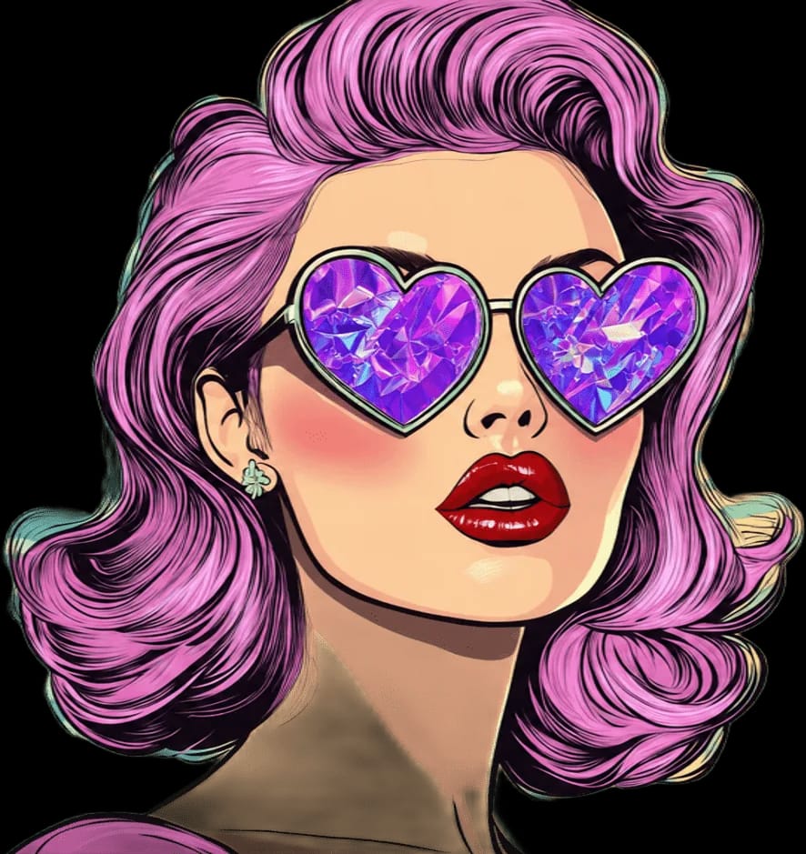 Illustration pop art d’une pin-up aux cheveux roses et lunettes cœur holographiques, devant une arche arc-en-ciel